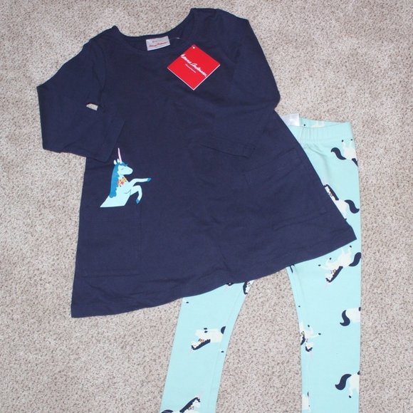 NWT Hanna Andersson Girls Navy Blue Unicorn Tunic Dress & Leggings Set 90 size 3